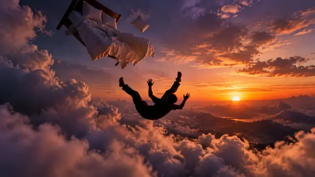 Silhueta de uma pessoa caindo de costas entre nuvens ao entardecer, com uma cama flutuando no céu