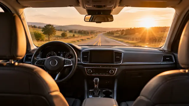 Interior de um carro visto do banco de trás, volante e banco do motorista vazios, estrada aberta pelo para-brisa sob a luz dourada do fim de tarde