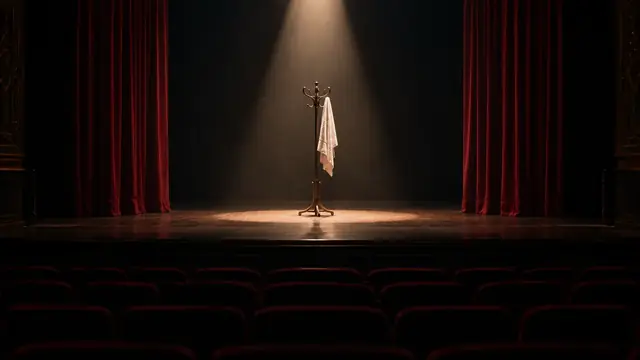 Palco vazio de teatro iluminado por um único holofote, com um cabide e uma toalha branca no centro e a plateia escura ao fundo