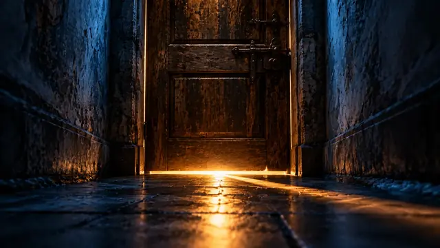 Porta de madeira trancada no fim de um corredor escuro, com uma faixa de luz quente passando por baixo dela