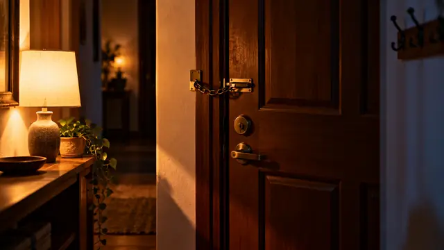 Wooden front door seen from inside at night, with the security chain on and the bolt closed, lit by the warm light of a hallway lamp