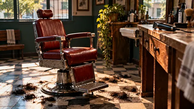 Cadeira antiga de barbearia de couro vermelho vazia, com uma máquina de cortar cabelo sobre o balcão de madeira e mechas escuras no chão, na luz da janela