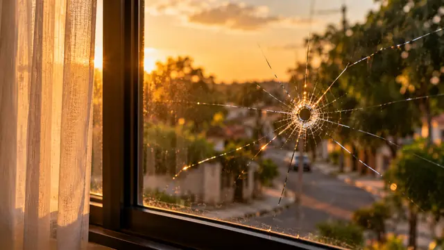 Window pane with a small round hole and fine cracks around it, golden late-afternoon light passing through the glass and a quiet street blurred behind