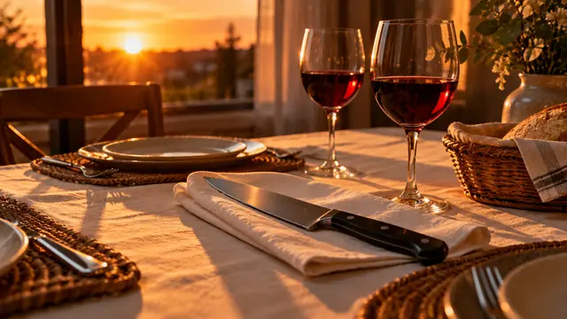 Kitchen knife lying on a white linen napkin beside two wine glasses on a set table, with orange sunset light coming through the window