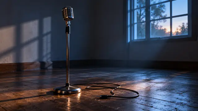 Microfone antigo prateado num pedestal em uma sala vazia, com o cabo desconectado enrolado no chão de madeira e luz azulada do amanhecer entrando por uma janela