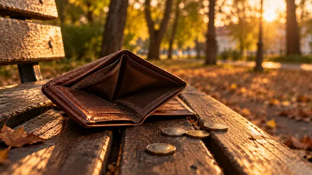 Open, empty leather wallet on a wooden park bench, with a few coins scattered beside it and golden late-afternoon light