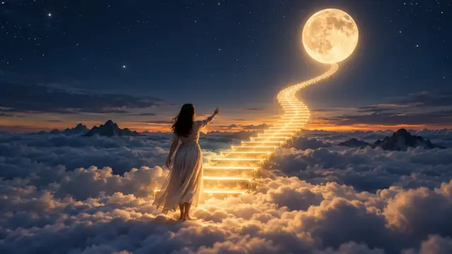 Pessoa de costas em pé sobre nuvens ao entardecer, estendendo a mão para uma escada de luz que sobe em direção a uma lua grande