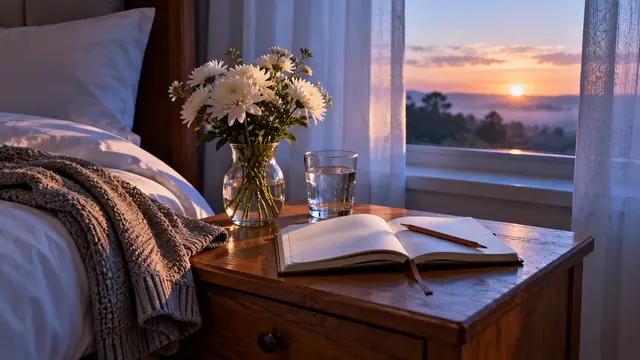 Vaso de flores brancas, copo de água e caderno aberto com lápis sobre uma mesa de cabeceira, com manta cinza na cama e o céu do amanhecer na janela