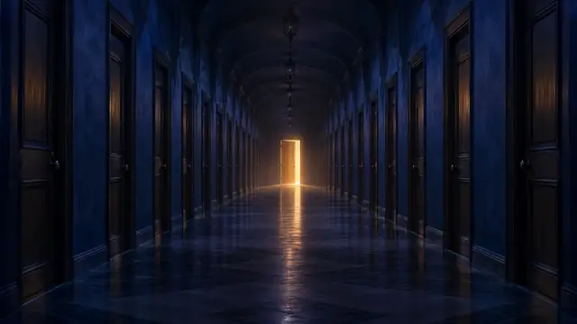Corredor com várias portas idênticas repetidas em perspectiva infinita, iluminado por uma luz quente no fim