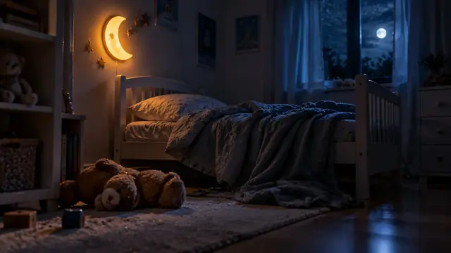 Quarto infantil à noite iluminado por uma luminária em forma de lua, com cama desarrumada e um bichinho de pelúcia caído no chão