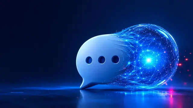 Chat bubble connected to a blue neural network sphere